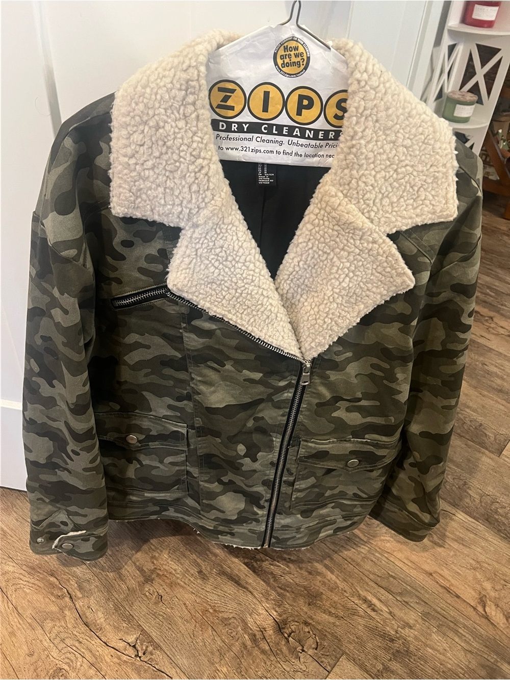 Forever 21 Camo Bomber Jacket with Cream Sherpa Collar